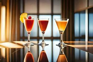 three glasses of different drinks on a table. AI-Generated photo