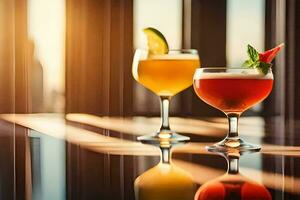 two glasses of different drinks on a table. AI-Generated photo