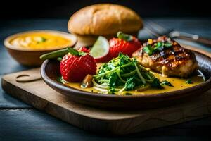 grilled chicken breast with a sauce and strawberries. AI-Generated photo