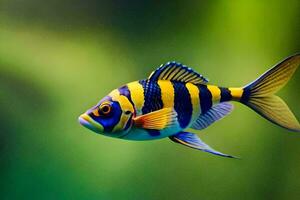 un pescado con un a rayas cuerpo y amarillo y azul rayas. generado por ai foto