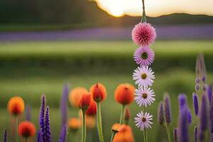 a field of flowers with a sunset in the background. AI-Generated photo