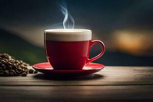 coffee beans on a wooden table. AI-Generated photo
