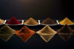various spices in a tray on a black background. AI-Generated photo