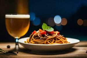 a plate of spaghetti and a glass of beer. AI-Generated photo