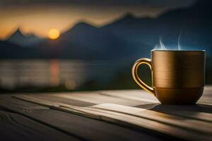 a cup of coffee on a wooden table with mountains in the background. AI-Generated photo