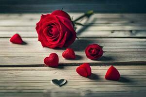 red roses and hearts on a wooden table. AI-Generated photo