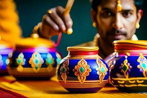 a man is painting pots with colorful paint. AI-Generated photo