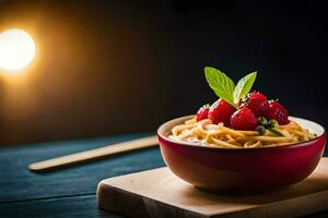 a bowl of pasta with strawberries and mint leaves. AI-Generated photo