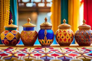 colorful vases on a table with colorful curtains. AI-Generated photo