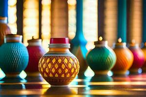 a row of colorful vases sit on a table. AI-Generated photo