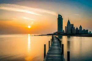 the sun rises over a pier in front of a city skyline. AI-Generated photo