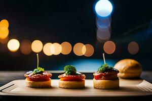 pequeño aperitivos en un de madera bandeja con luces en el antecedentes. generado por ai foto