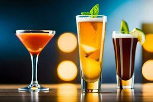 three different types of alcoholic drinks on a table. AI-Generated photo