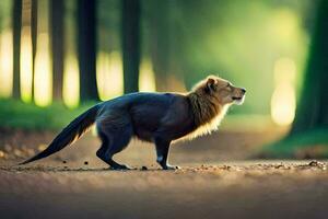 a lion is standing on the road in the forest. AI-Generated photo