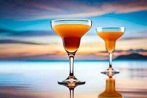two glasses of orange drink on the beach at sunset. AI-Generated photo