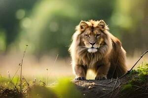 a lion standing on a rock in the middle of a forest. AI-Generated photo