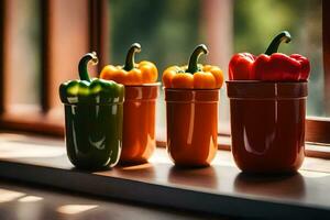 three colorful peppers in vases on a window sill. AI-Generated photo