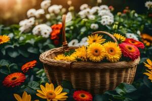 un cesta lleno de flores en el jardín. generado por ai foto