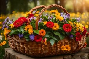 un cesta lleno de flores es sentado en un tocón en el bosque. generado por ai foto