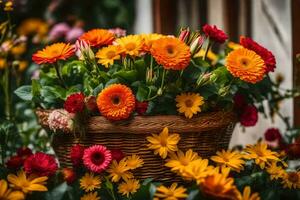 a basket full of colorful flowers sitting on a porch. AI-Generated photo