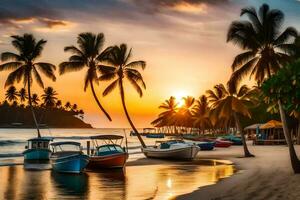 boats are docked on the beach at sunset. AI-Generated photo