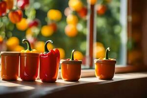 orange peppers in pots on a window sill. AI-Generated photo