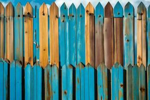 a blue wooden fence with a blue sky in the background. AI-Generated photo