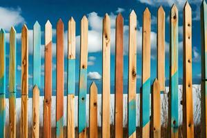 a fence with colorful wooden posts against a blue sky. AI-Generated photo