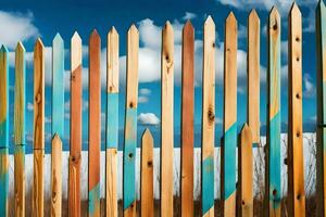 a fence with colorful wooden posts against a blue sky. AI-Generated photo