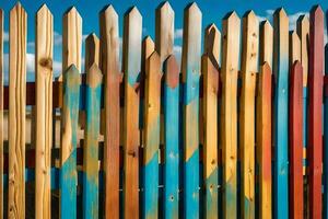 a colorful fence with painted wood. AI-Generated photo