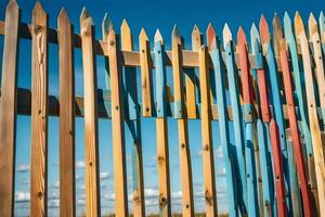 a fence made of colorful wooden sticks. AI-Generated photo