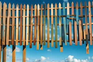 a wooden fence with a blue sky in the background. AI-Generated photo