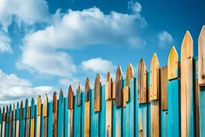 a wooden fence with blue and white wooden posts. AI-Generated photo