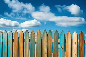 a wooden fence with blue and white clouds in the background. AI-Generated photo