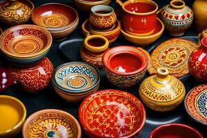 many colorful ceramic pots and bowls are arranged on a table. AI-Generated photo