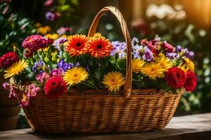 un cesta con vistoso flores en un de madera mesa. generado por ai foto