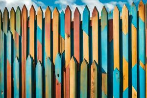 colorful wooden fence with blue sky background. AI-Generated photo