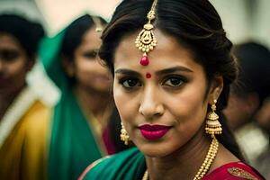 un mujer en un tradicional indio atuendo con oro joyas. generado por ai foto