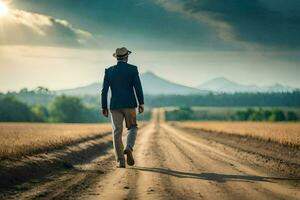 man walking on a dirt road in the middle of nowhere. AI-Generated photo