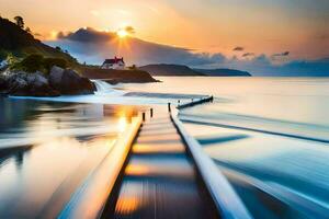 a long exposure photo of a pier at sunset. AI-Generated