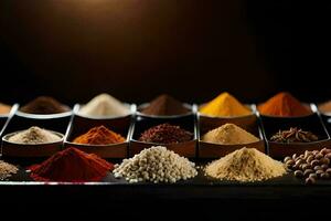 a variety of spices and spices in a tray. AI-Generated photo