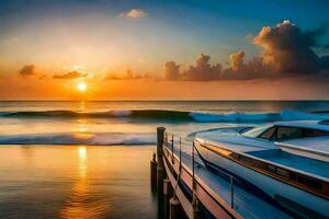 a boat docked at the beach during sunset. AI-Generated photo