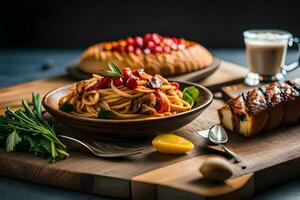 pasta con carne y vegetales en un de madera corte tablero. generado por ai foto