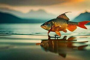 un pescado es en pie en el agua con un montaña en el antecedentes. generado por ai foto