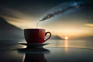 a cup of coffee is sitting on a table with a star in the sky. AI-Generated photo