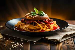 spaghetti with meat and tomato sauce on a plate. AI-Generated photo