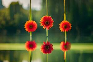 cuatro rojo flores colgando desde un cuerda terminado agua. generado por ai foto