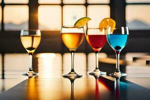 four glasses of different colored drinks on a table. AI-Generated photo
