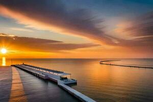 a pier with a dock and a sunset over the water. AI-Generated photo