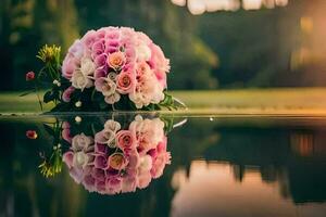 un ramo de flores de rosado rosas es reflejado en el agua. generado por ai foto